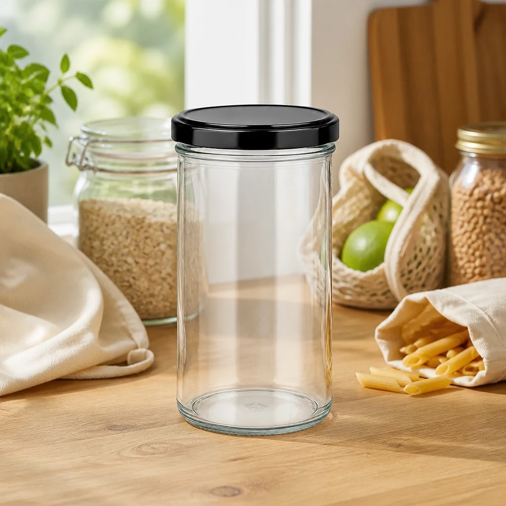 Słoik z pokrywką BasicSeal czarna UN.. 277ml Sturzglas mit schwarzem Deckel umgeben von nachhaltigen Vorratsbehältern und Zero-Waste-Produkten auf Küchenarbeit