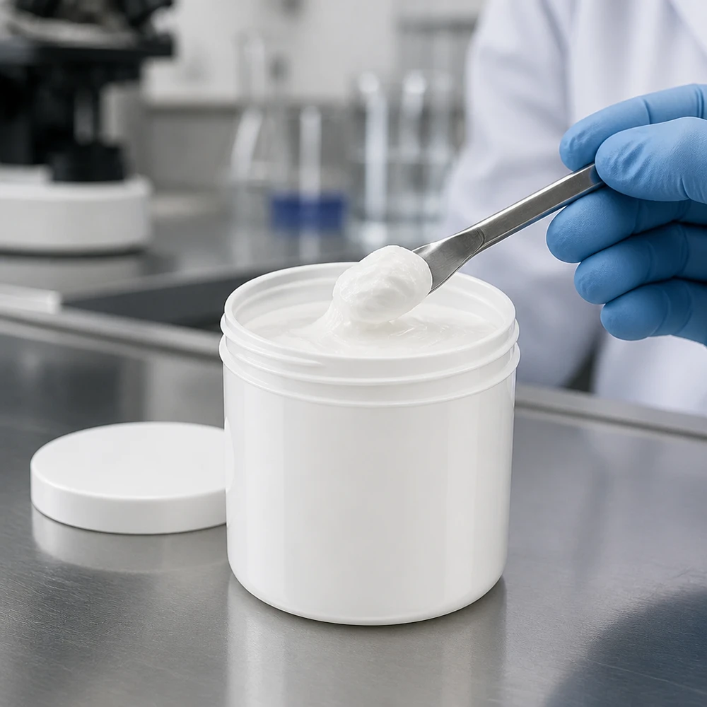 Biały słoik na maści o pojemności 1000 g, wykonany z PP, z zakręcaną pokrywką, przeznaczony do stosowania w laboratorium do przechowywania kremów i maści