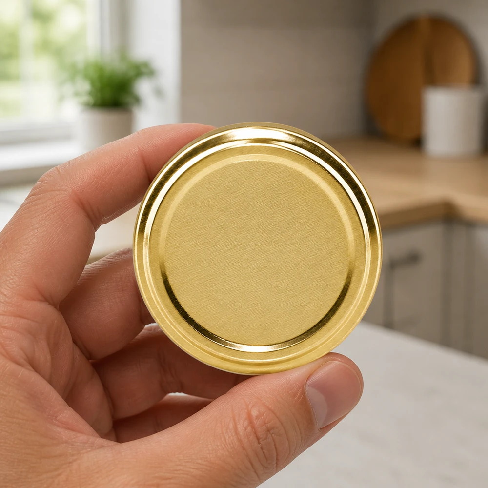 UNiTWIST TO82 złoty, BioSeal, bez BPA, unitemp Złota zakrętka TO82 w dłoni, tło kuchenne, BioSeal BPA-NI unitemp