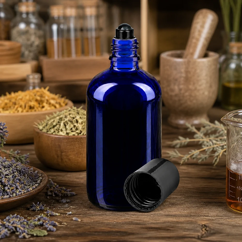Butelka apteczna niebieska 100ml zakrętka roll-on czarna Niebieska szklana buteleczka apteczna o pojemności 100 ml z czarną nakładką z kulką, umieszczona wśród suszonych ziół i lawendy