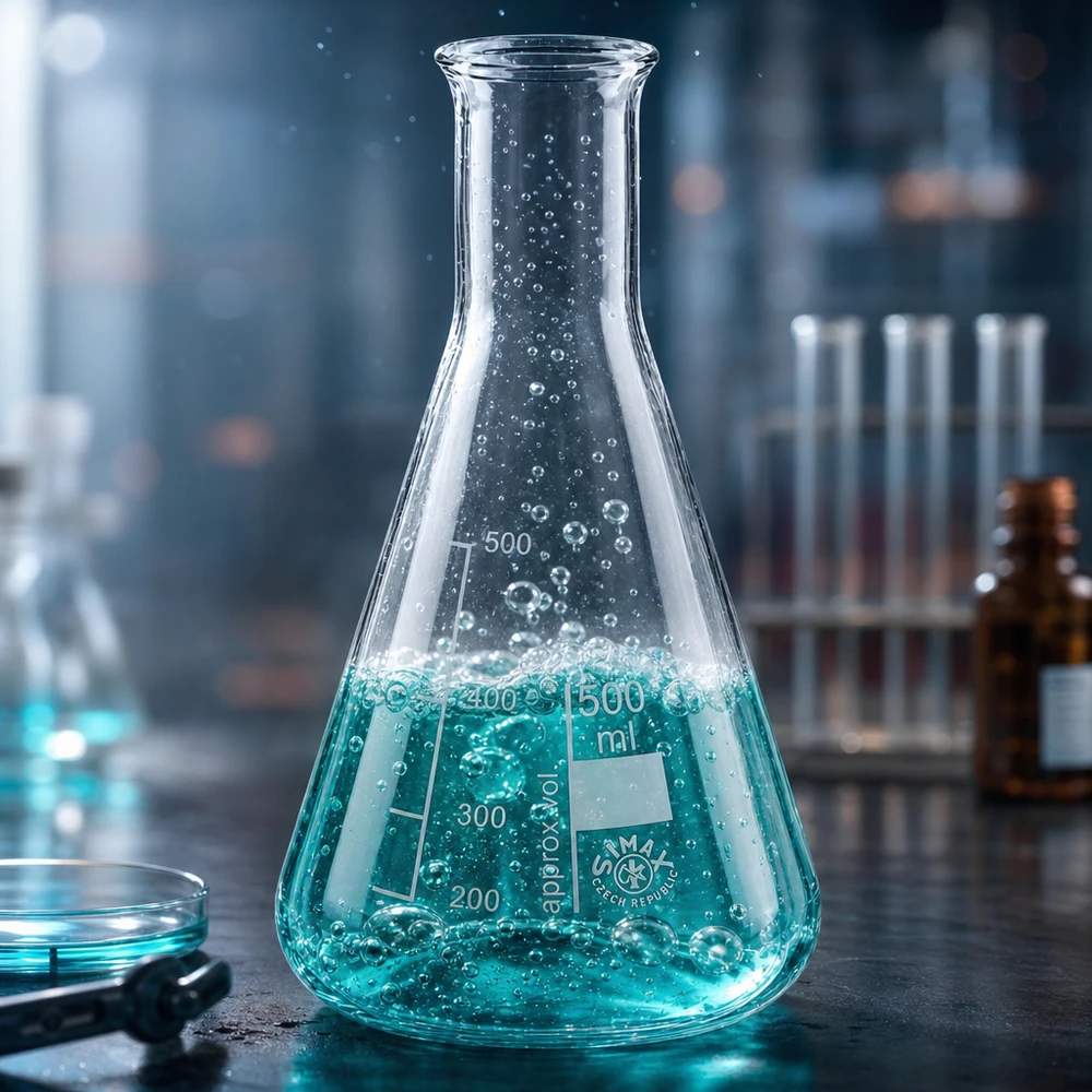 Kolba Erlenmeyera 500 ml z turkusową cieczą i tworzeniem się pęcherzyków w nowoczesnym laboratorium