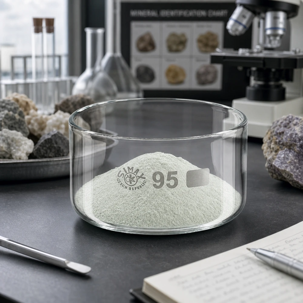 Biały proszek mineralny w misce krystalizacyjnej Simax o pojemności 300 ml i średnicy 95 mm – laboratorium geologiczne