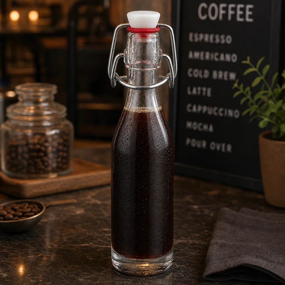 50ml Glasflasche mit Bügelverschluss gefüllt mit Cold Brew Kaffee in stilvoller Café-Atmosphäre mit Kaffeebohnen