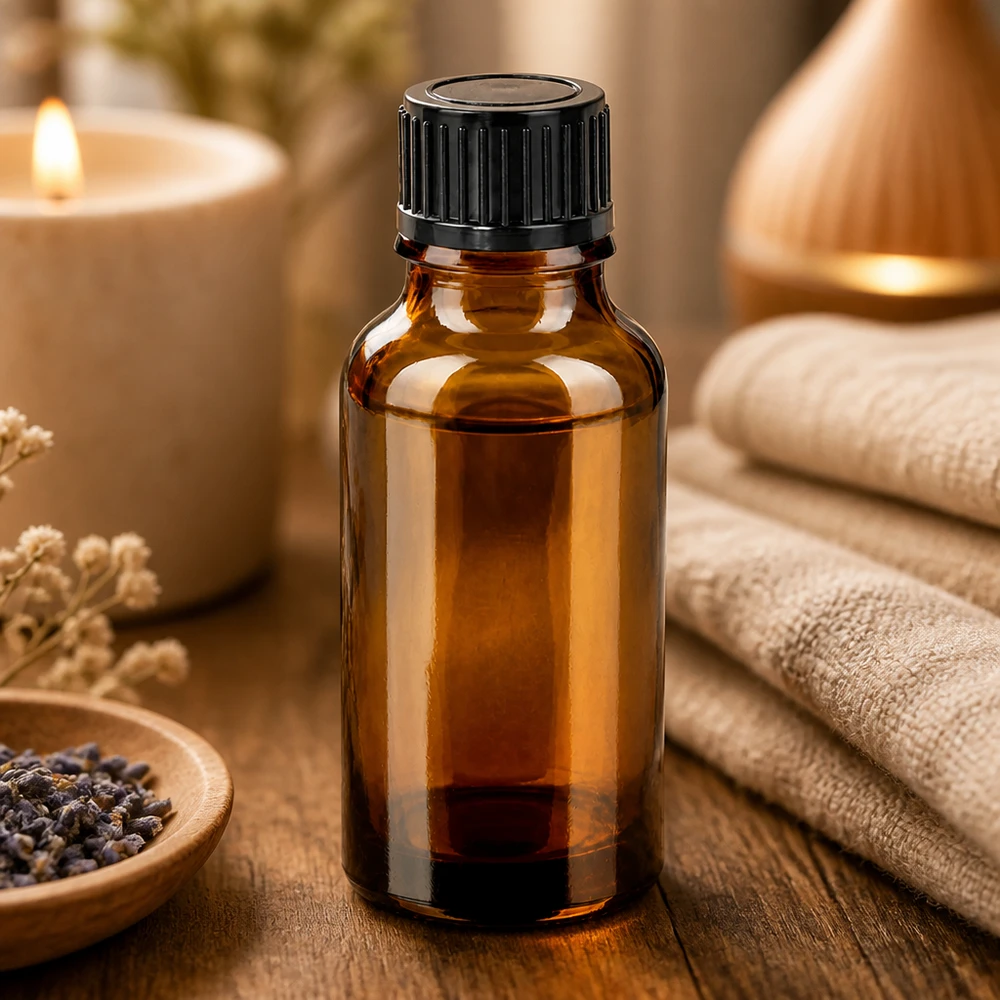 Szklana butelka BrownLine 20 ml z czarną zakrętką idealna do aromaterapii i pielęgnacji skóry