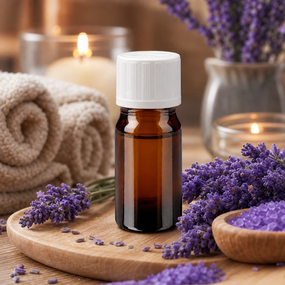 Buteleczka z brązowego szkła do aromaterapii o pojemności 5 ml z białym zamknięciem zabezpieczającym przed dziećmi, umieszczona na drewnianej podstawce z motywem lawendy