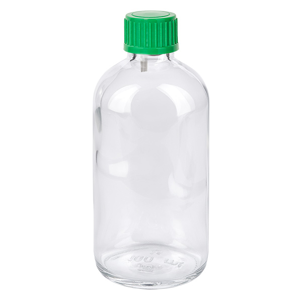 100 ml z kroplomierzem 0,8 mm zielony STD ClearLine UT18/100 Butelka z zakraplaczem o pojemności 100 ml, wykonana z przezroczystego szkła, z zieloną zakrętką ClearLine UT18