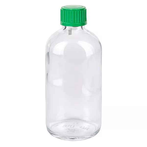100 ml z kroplomierzem 0,8 mm zielony STD ClearLine UT18/100 Butelka z zakraplaczem o pojemności 100 ml, wykonana z przezroczystego szkła, z zieloną zakrętką ClearLine UT18