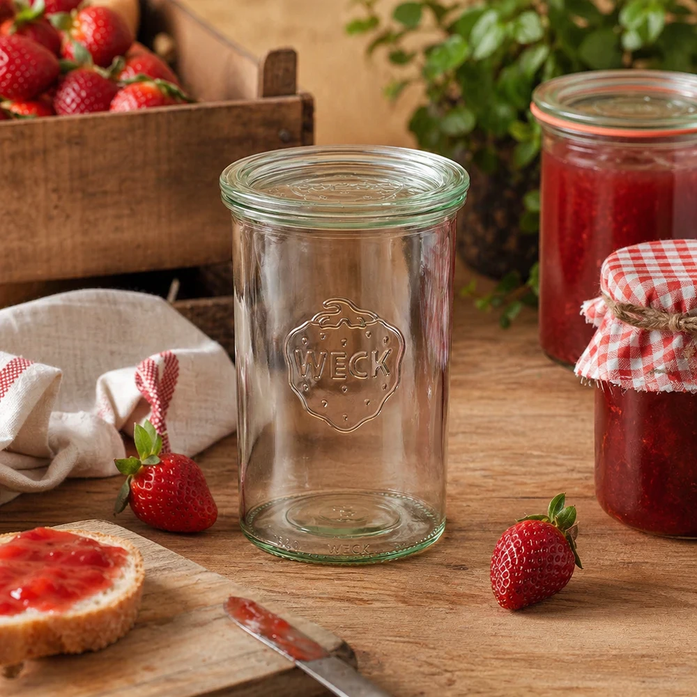 Kubki o pojemności 1000 ml ze szklaną pokrywką WECK RR100 Kubki WECK RR100 1000 ml ułożone dekoracyjnie w rustykalnej kuchni z truskawkami i domową konfiturą