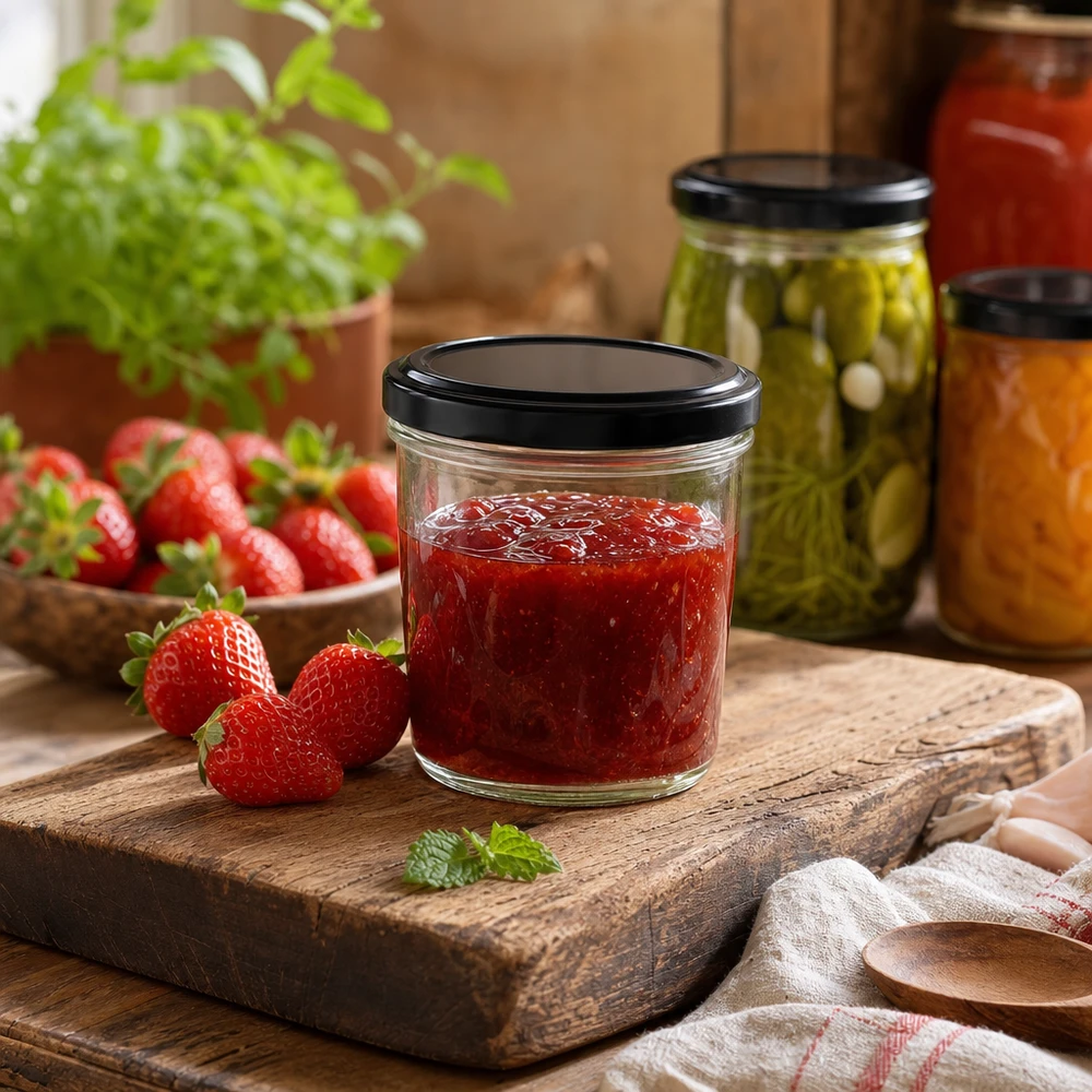 Kubki o pojemności 230 ml z dżemem truskawkowym na drewnianej desce pokazują praktyczne zastosowanie pokrywki BasicSeal w kuchni.