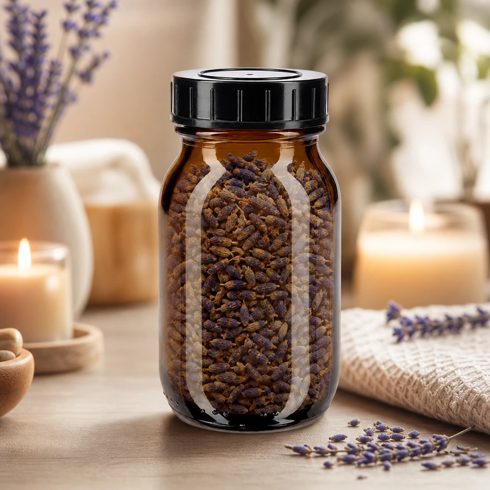 Butelka z szeroką szyjką o pojemności 100 ml z bursztynowego szkła z zakrętką Butelka z szeroką szyjką o pojemności 100 ml z bursztynowego szkła z czarną zakrętką do przechowywania aromatu.