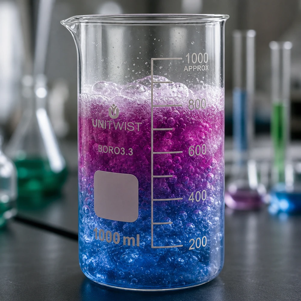 Zlewka 1000 ml borokrzemianowa, wysoka UNITWIST Szklanka UNITWIST o pojemności 1000 ml, wysoka, z borokrzemianu, z niebiesko-fioletowym gradientem kolorystycznym – do reakcji laboratoryjnych