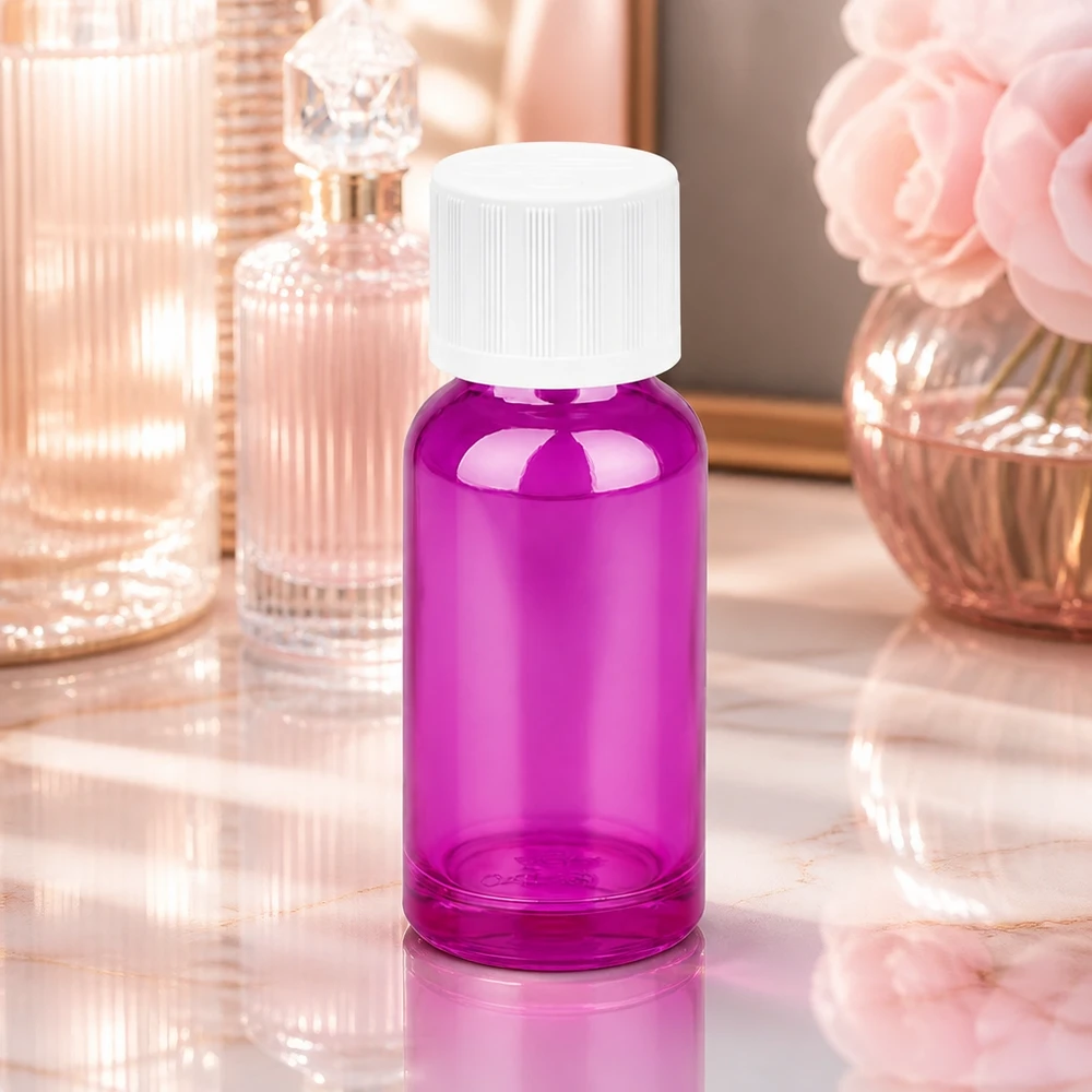 Kompaktowa szklana butelka 20 ml w modnym fioletowym kolorze z białą zakrętką do kosmetyków i perfum DIY