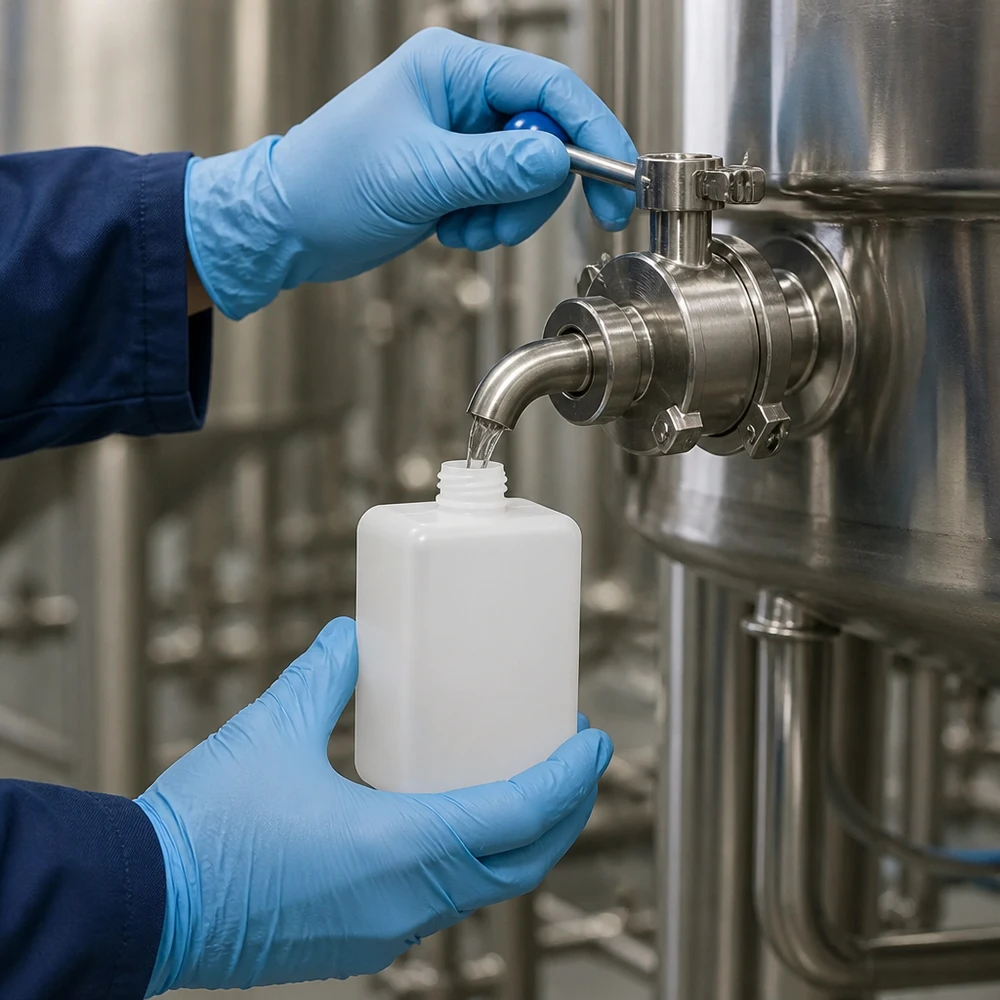 Butelka na chemikalia 1500ml, wąska szyjka wykonana z PE-HD, kolor naturalny, GL 32 Pobieranie próbek ze zbiornika ze stali nierdzewnej do butelki na chemikalia z PE-HD o pojemności 1500 ml, z wąską szyjką, GL 32 – produkcja