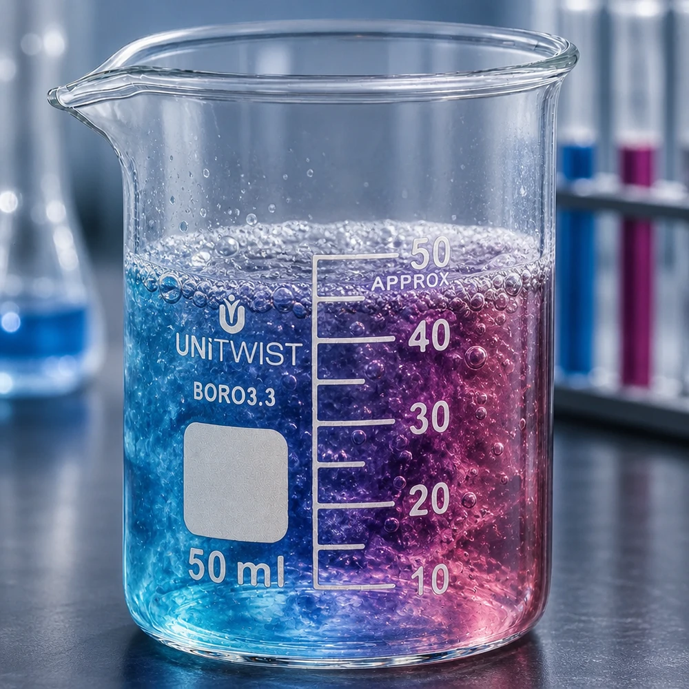 Zlewka 50 ml z borokrzemianu, niskoprofilowa UNiTWIST Szklanka UNiTWIST o pojemności 50 ml, wykonana z borokrzemianu, o niskim kształcie, z musującym niebiesko-różowym płynem reakcyjnym