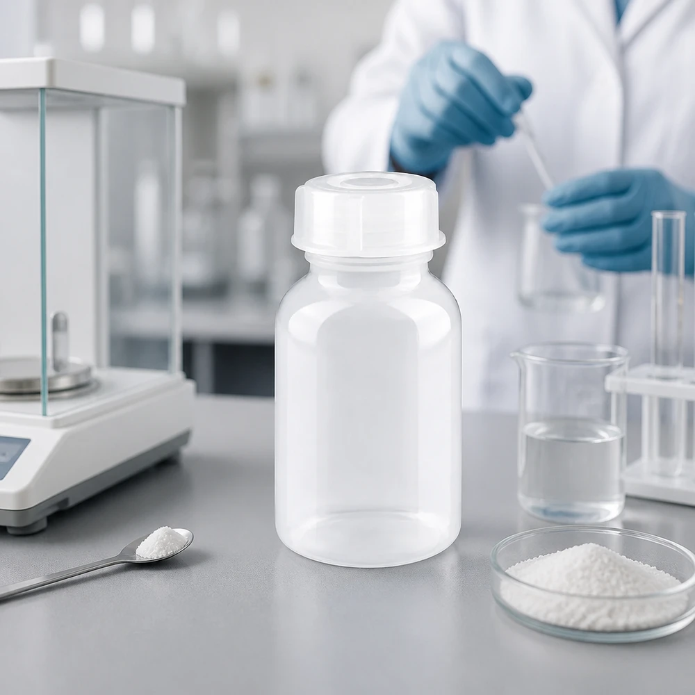Butelka laboratoryjna o pojemności 100 ml z szeroką szyjką i zakrętką obok wagi analitycznej i zlewki