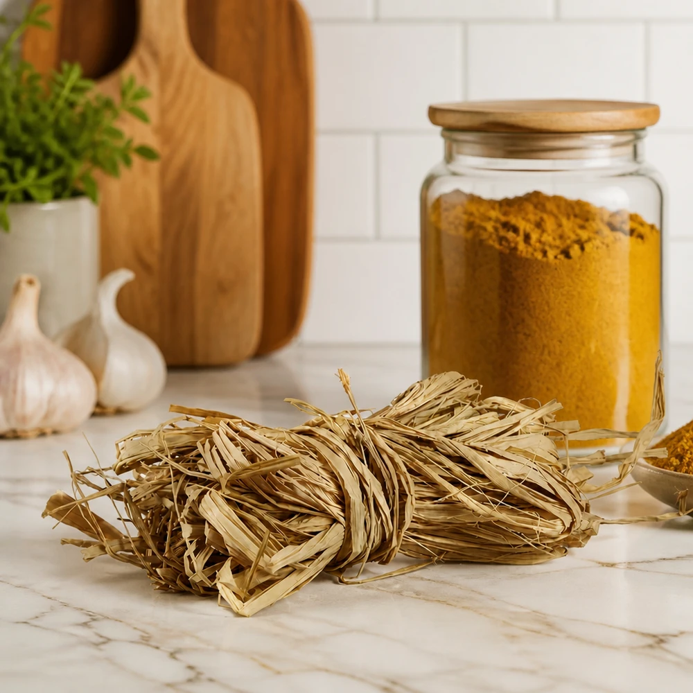 Sztuczna trawa do dekoracji, 30 g Naturalna rafia 30g złoty beż na marmurowym blacie z przyborami kuchennymi pokazuje naturalne włókna dekoracyjne dla domu