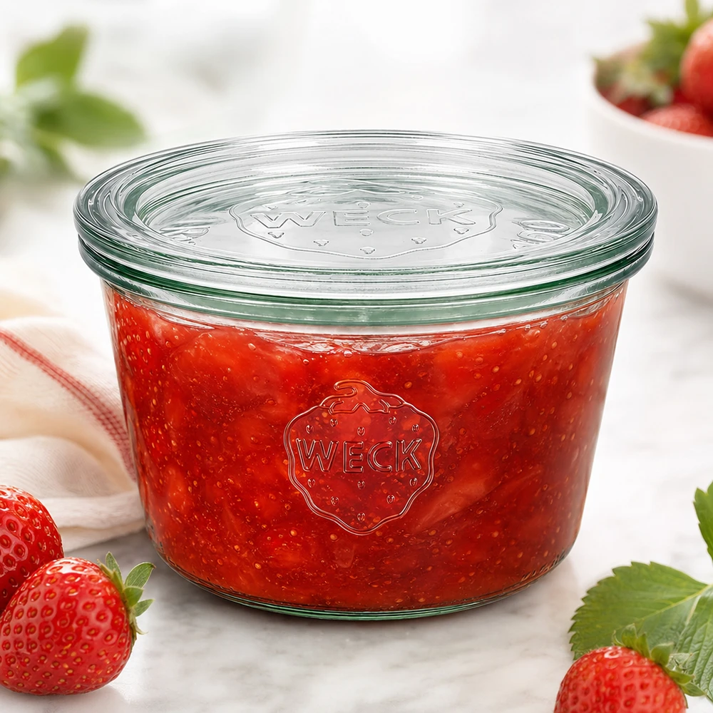 Kubki WECK 370ml RR100 wypełnione czerwonym dżemem truskawkowym otoczonym świeżymi truskawkami na białej powierzchni