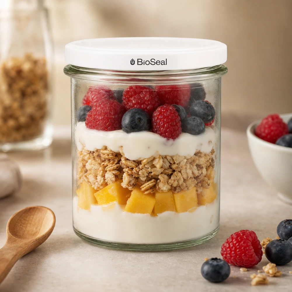 UNiTWIST Lintel350 z białą pokrywą TO82 BioSeal UNiTWIST Sturz350 als stylisches Dessertglas mit Beeren Granola und Joghurt zeigt moderne Küchenästhetik TO82 BioSeal