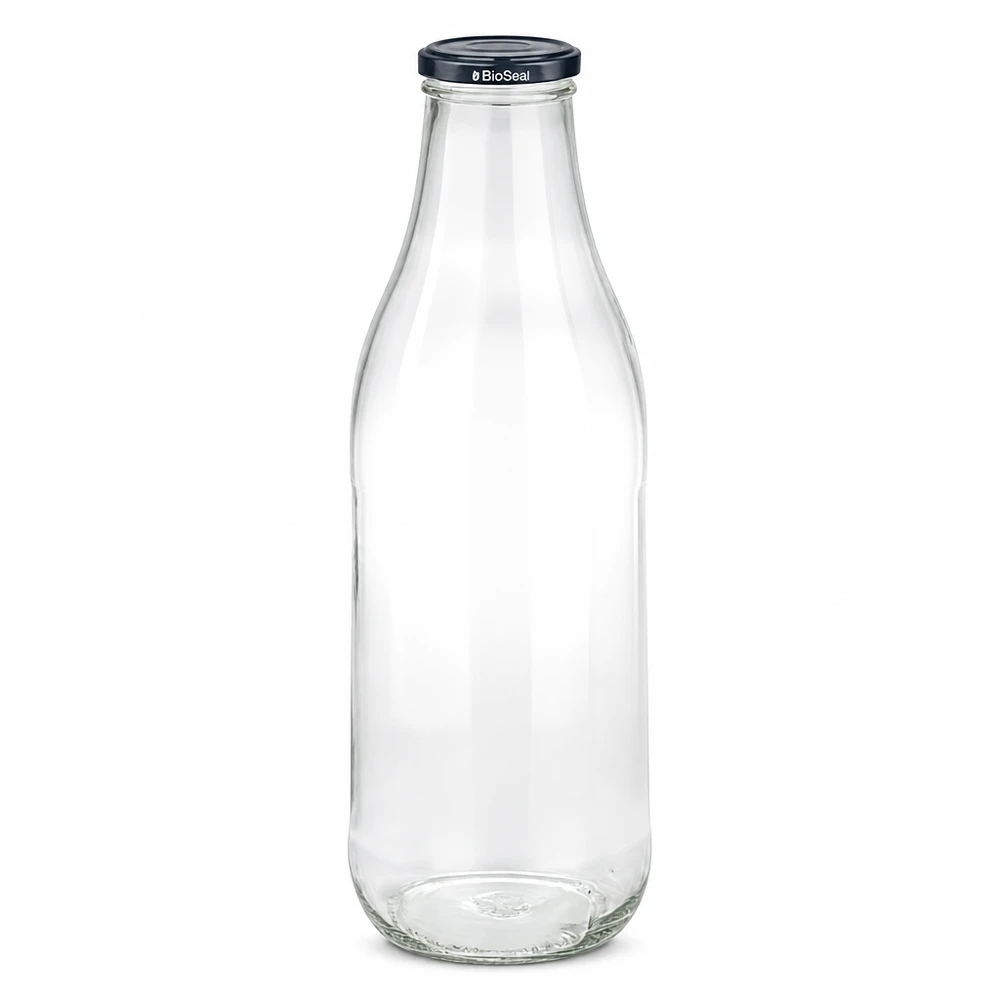 Szklana butelka 1000 ml + pokrywka BioSeal czarna UNiTWIST. Całkowicie szczelna z dużą pokrywką TO48. Do mleka, soków i lemoniady. 1000 ml szklana butelka z czarną pokrywką BioSeal pusta przezroczysta butelka na mleko butelka na sok zrównoważony