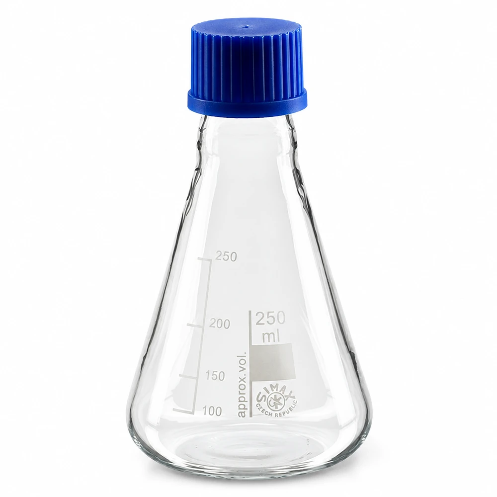 Kolba Erlenmeyera 250 ml z zakrętką Kolba Erlenmeyera 250 ml wykonana ze szkła z niebieską zakrętką do zastosowań laboratoryjnych
