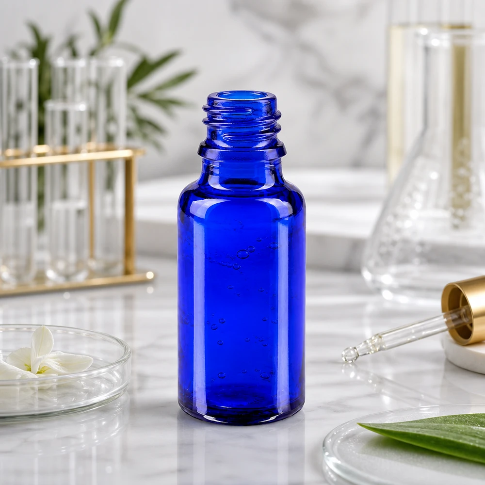 Butelka z zakraplaczem 20 ml DIN 18 NIEBIESKIE SZKŁO 20 ml butelka ApoGlas w eleganckim niebieskim kolorze z praktycznym zakraplaczem do precyzyjnego dozowania