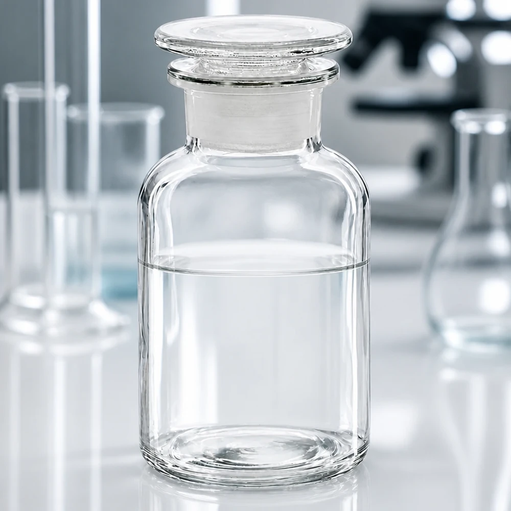 Butelka z szeroką szyjką z szkła borokrzemowego o pojemności 250 ml z szlifowanym korkiem szklanym na stole laboratoryjnym