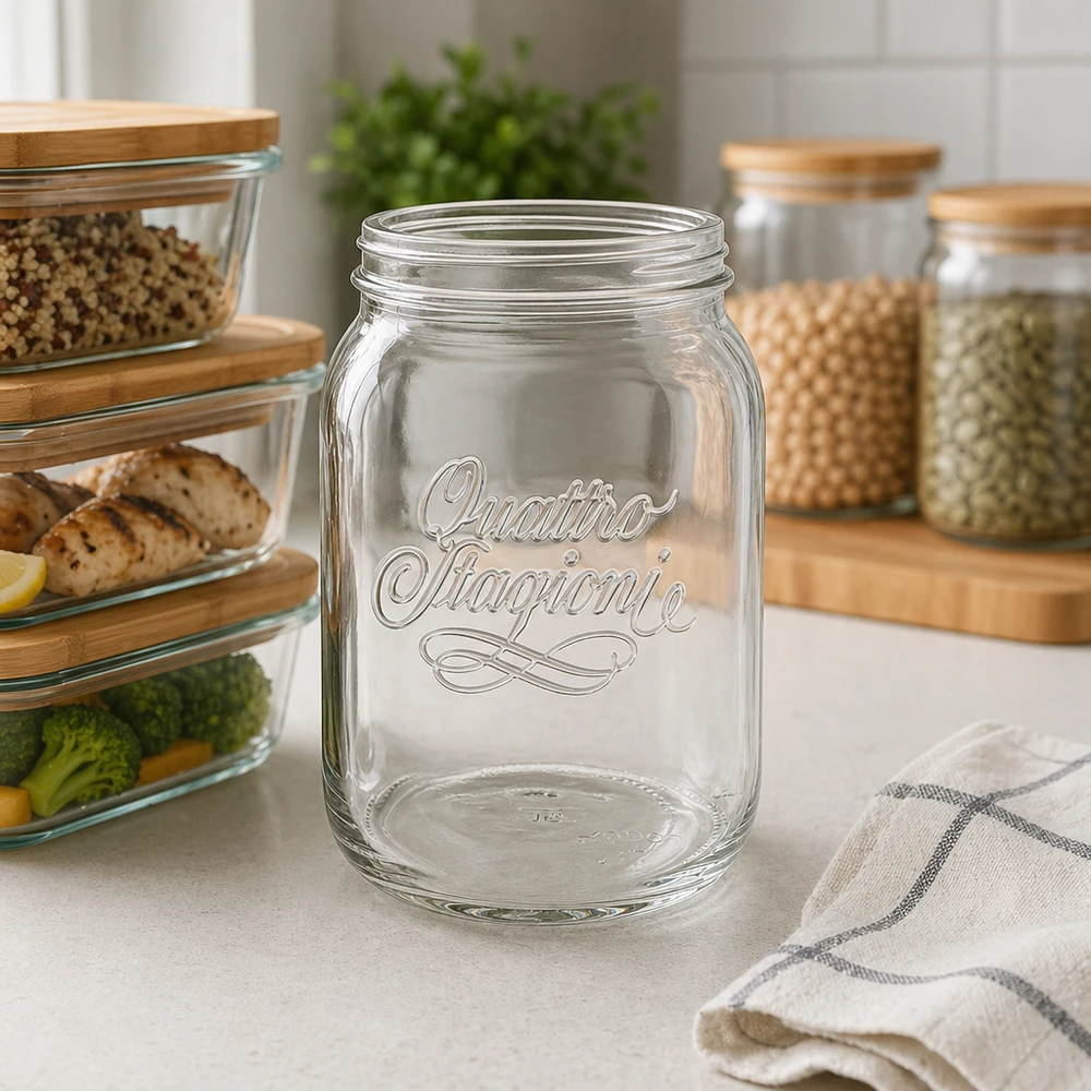 Szklanka do użytku domowego "Quattro Stagioni" o pojemności 2000 ml 2000ml Quattro Stagioni Haushaltsglas mit Schriftzug in moderner Küche zwischen Vorratsgläsern und Küchenorganisation