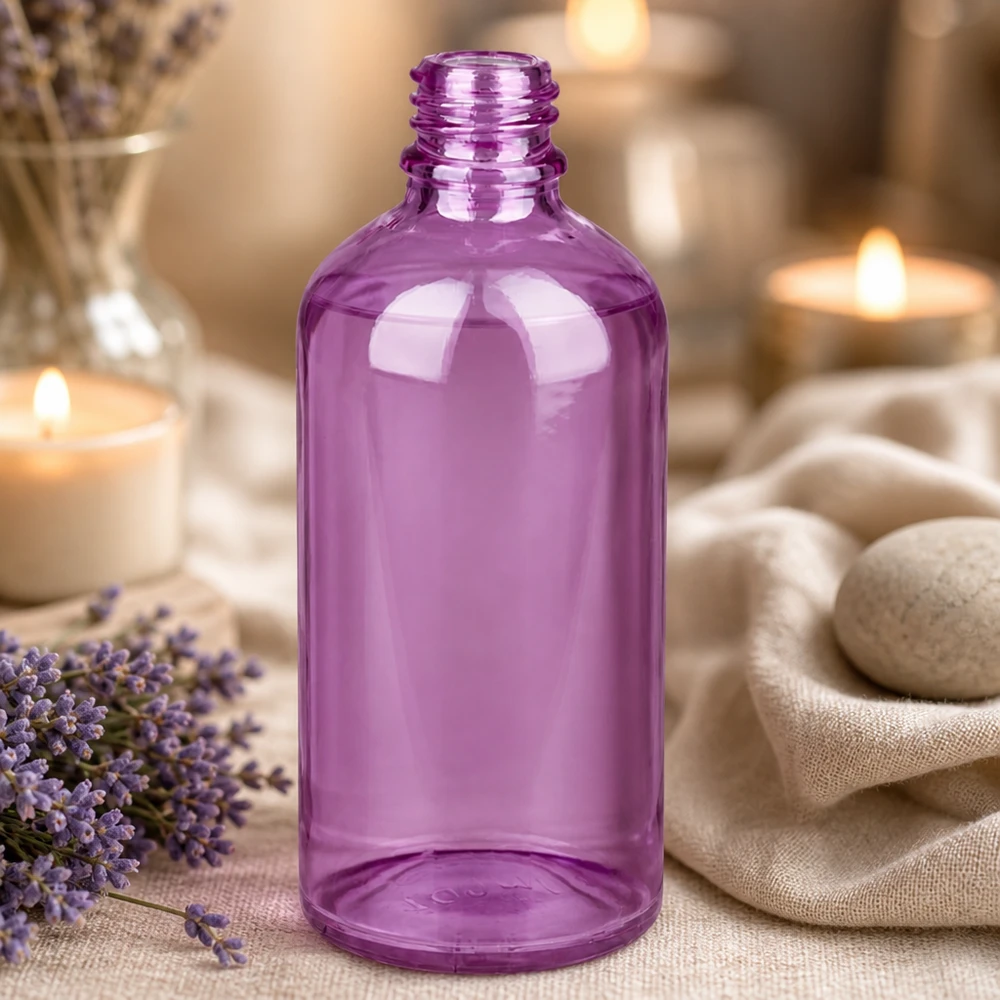 Stylowa butelka apteczna PurpleLine 100 ml z eleganckim fioletowym wzorem dla urody i spa