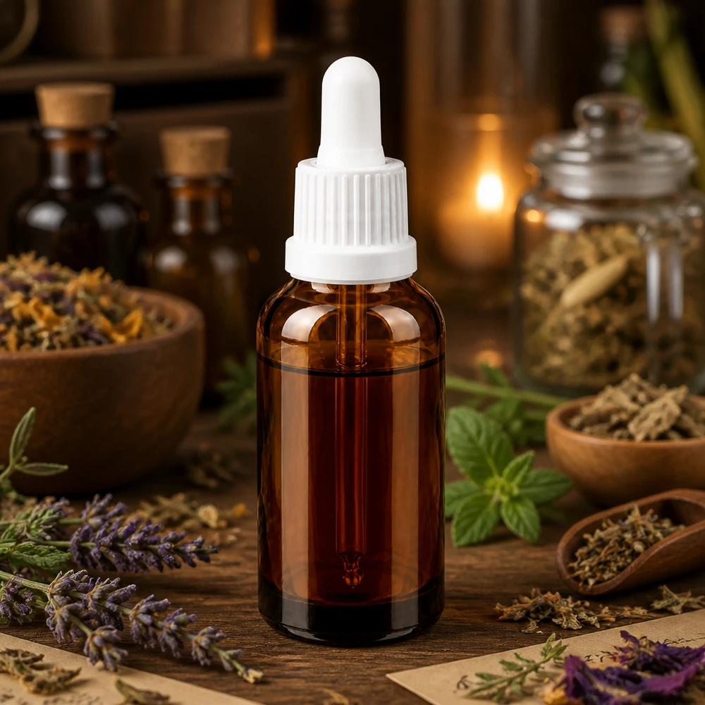 Brązowa szklana butelka o pojemności 30 ml z praktycznym zakraplaczem do naturalnych leków i nalewek