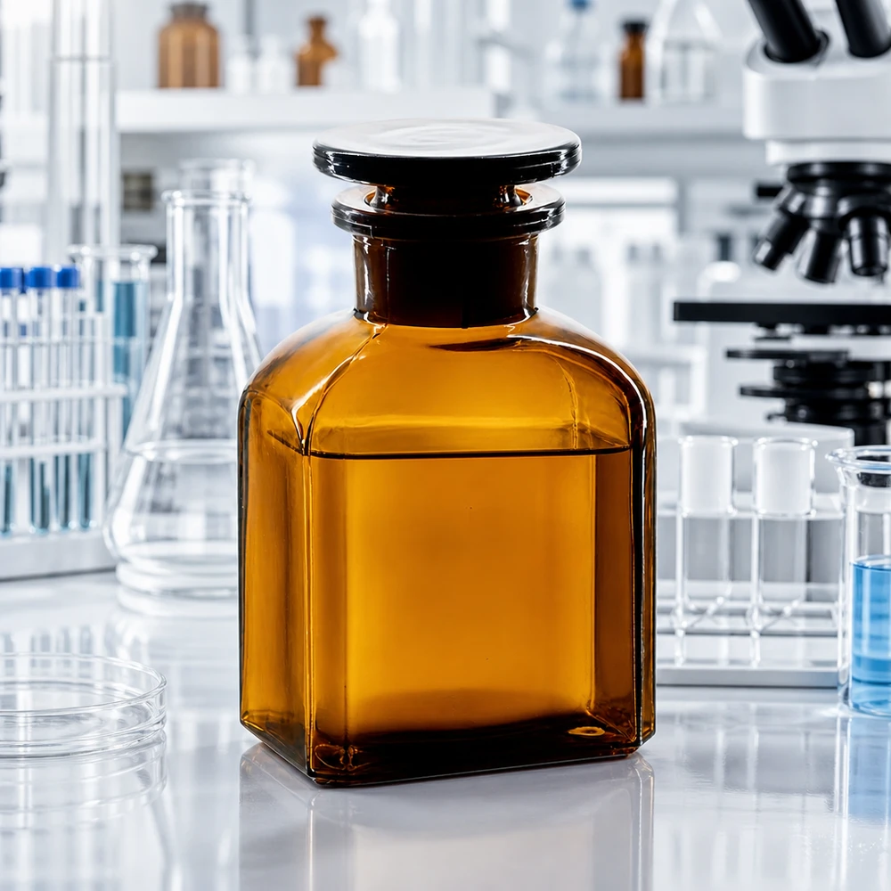 Kwadratowa butelka z brązowego szkła o pojemności 150 ml, z szeroką szyjką i szklanym korkiem, stojąca na białym stole laboratoryjnym obok mikroskopu
