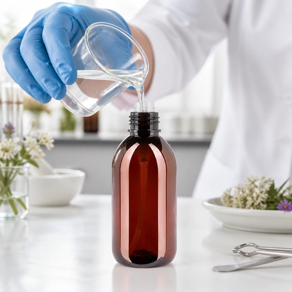Brązowa butelka PET o pojemności 250 ml z czarną pompką dozującą jest napełniana w laboratorium przezroczystym płynem