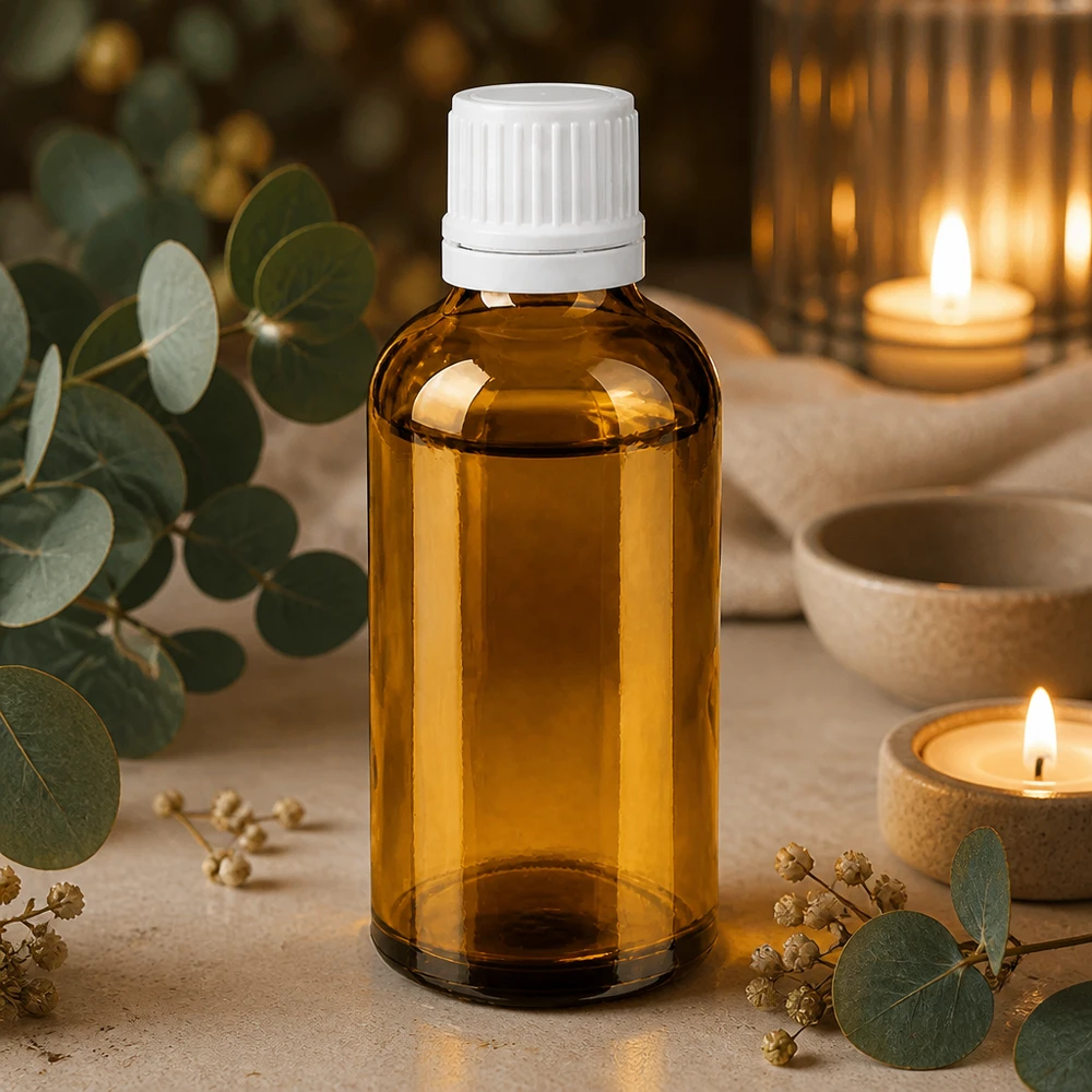 50 ml brązowa buteleczka apteczna ze szkła, z białą nakrętką i kroplomierzem 11 mm, do aromaterapii