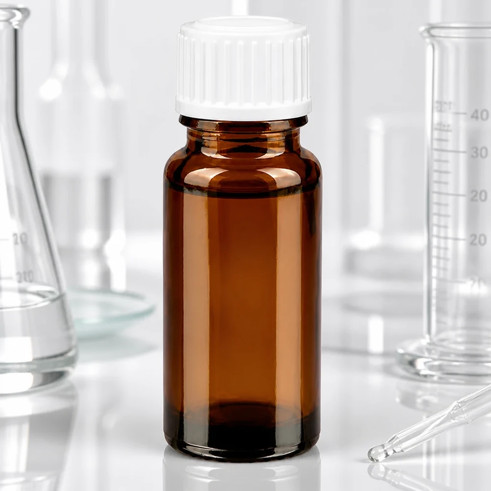 Brązowa butelka szklana o pojemności 10 ml z białym zamknięciem zabezpieczającym przed dziećmi w laboratorium