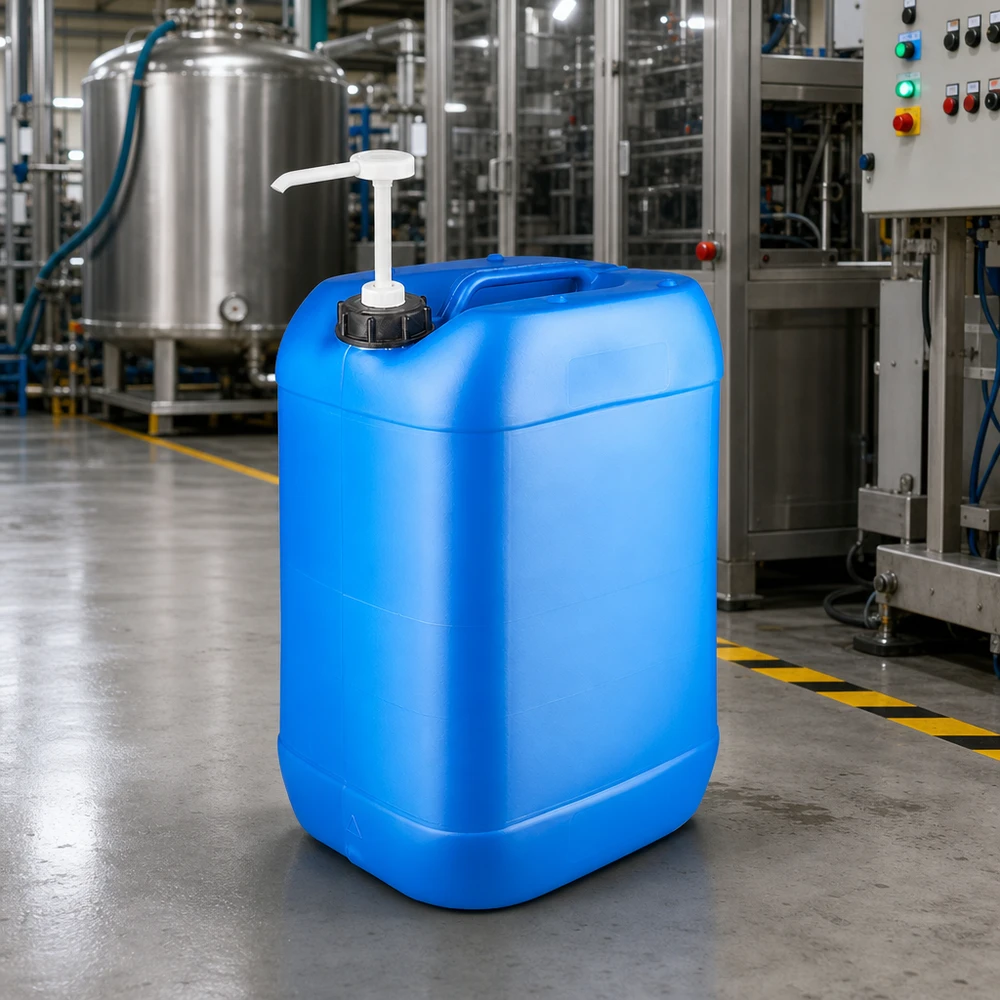 Niebieski kanister z HDPE o pojemności 25 litrów z pompą dozującą w przemysłowym środowisku produkcyjnym