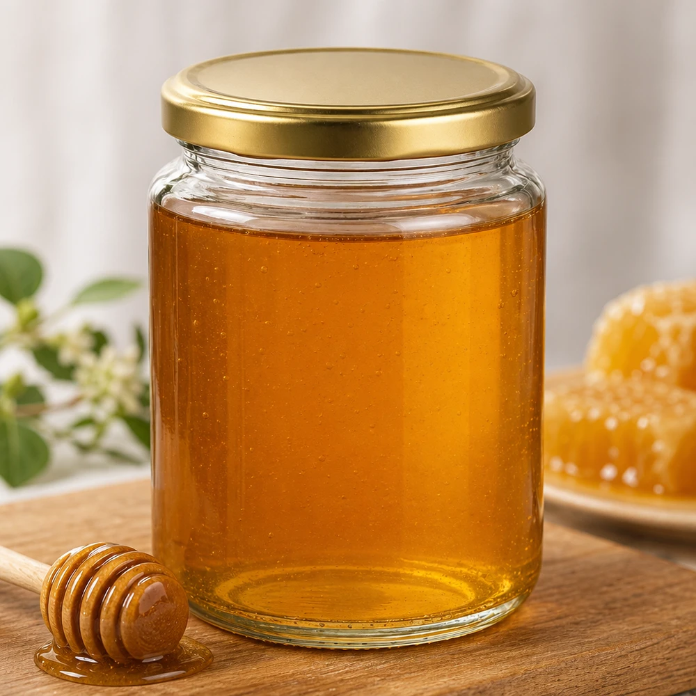 450g Słoik na miód BasicSeal ze złotą pokrywką wypełniony płynnym miodem Drewniana łyżka do miodu Plaster miodu Pszczelarstwo Produkt naturalny