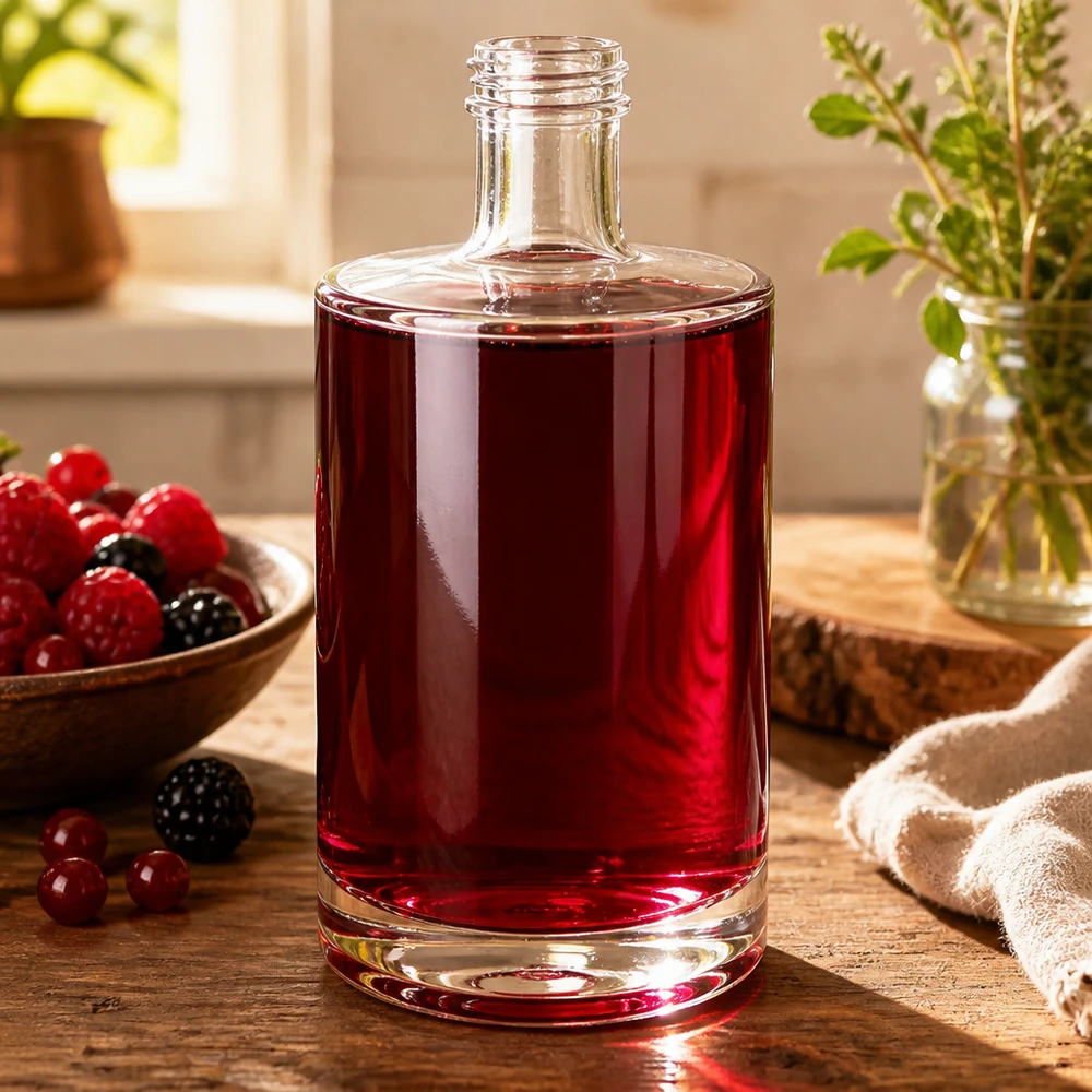Szklana butelka Sam 500 ml bez zakrętki UNiTWIST® 500ml szklana butelka Sam wypełniona sokiem z czerwonych jagód dekoracja drewniany stół jagody zioła naturalna atmosfera