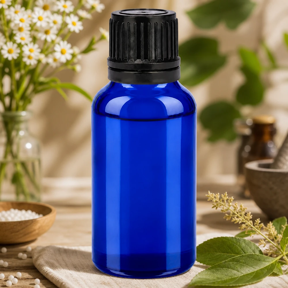 Elegancka szklana butelka BlueLine 20 ml z rowkowaną czarną nakrętką do użytku profesjonalnego