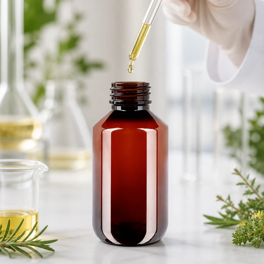 Bursztynowa butelka z tworzywa sztucznego o pojemności 200 ml z pipetą kroplową w nowoczesnym otoczeniu laboratoryjnym