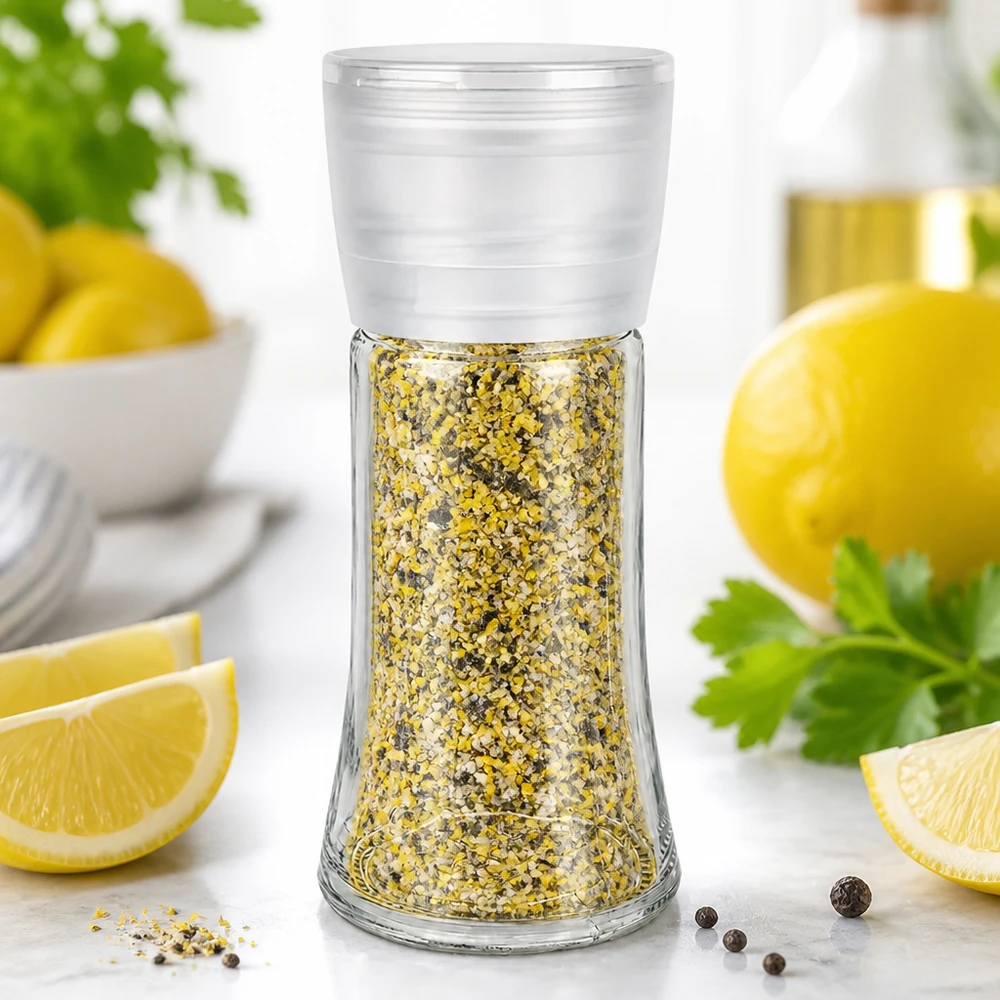 Słoik na sól/przyprawy 95 ml z młynkiem Vario, biały Słoik z przyprawą cytrynowo-pieprzową 95 ml z białym młynkiem Vario obok świeżych plasterków cytryny