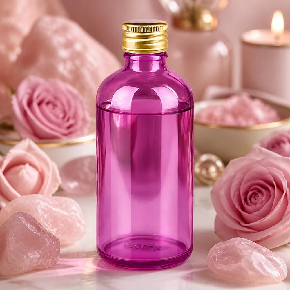 Butelka 100ml 11mm zakrętka aluminiowa standard złota PurpleLine. UT18/100 Kompaktowa butelka apteczna o pojemności 100 ml wykonana z fioletowego szkła z profesjonalną aluminiową zakrętką