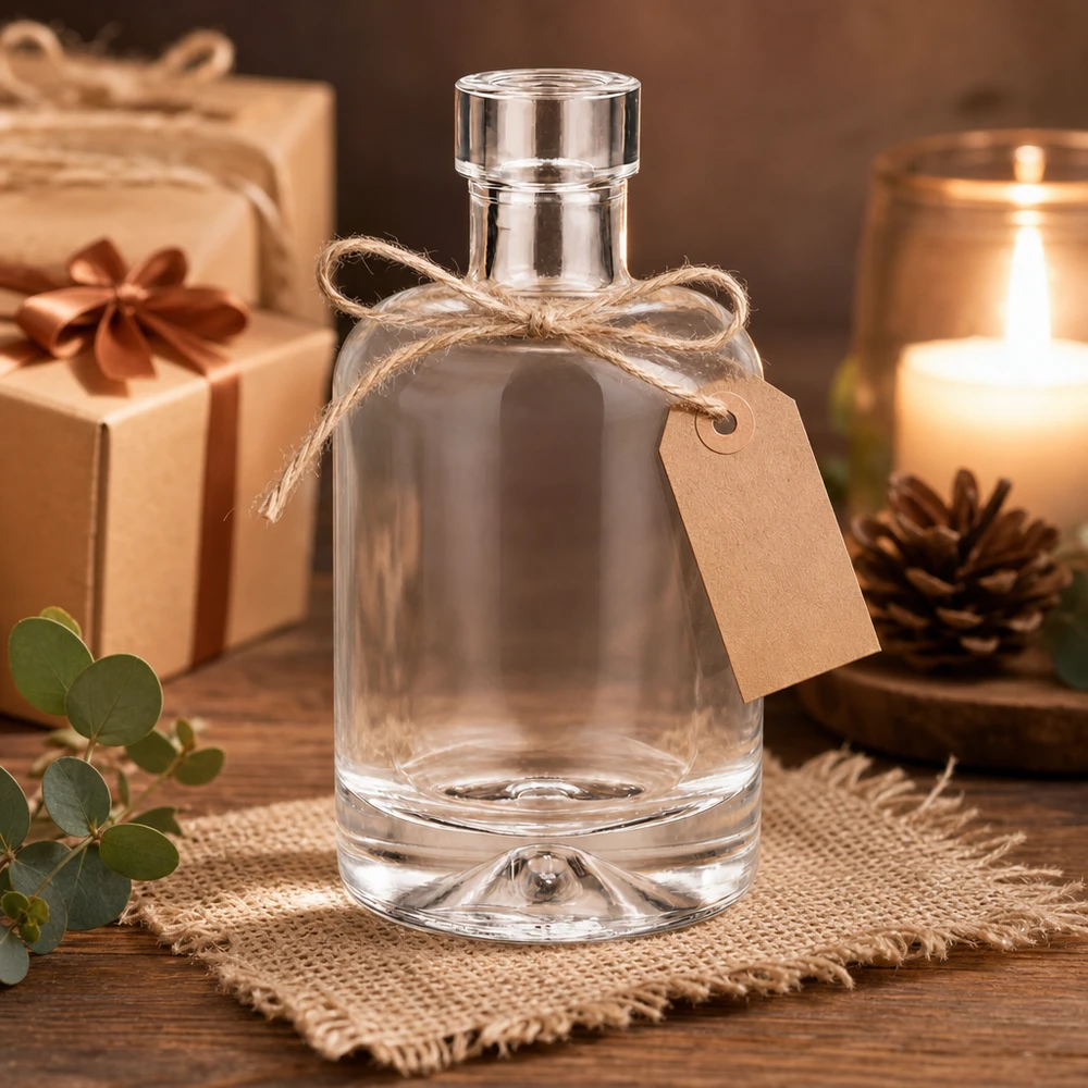 50 ml szklana butelka Amelie pusta z dekoracją prezentową i świeczką prezentuje się szlachetnie jako opakowanie prezentowe