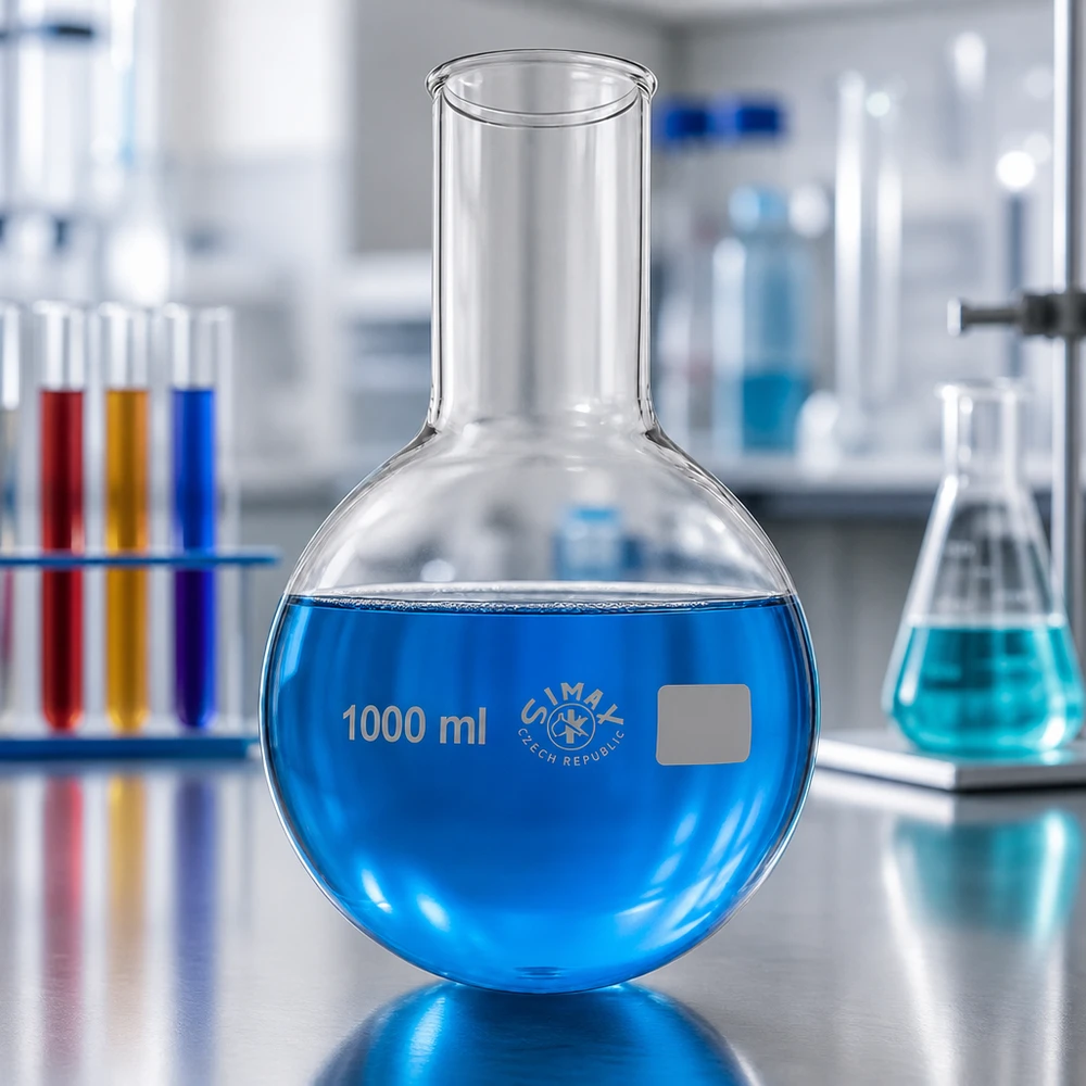 Kolba okrągłodenna z szeroką szyjką 1000 ml Kolba okrągłodenna o pojemności 1000 ml z szeroką szyjką ułatwiającą napełnianie i czyszczenie w laboratorium chemicznym