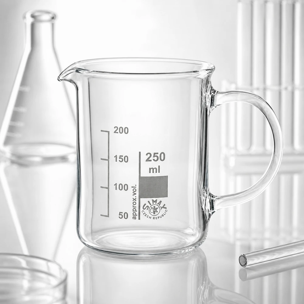 Zlewka 250 ml ze szkła borokrzemowego, z uchwytem Szklanka o pojemności 250 ml, wykonana ze szkła borokrzemowego, z uchwytem i podziałką, o wielkości pośredniej między kolbą Erlenmeyera a probówkami