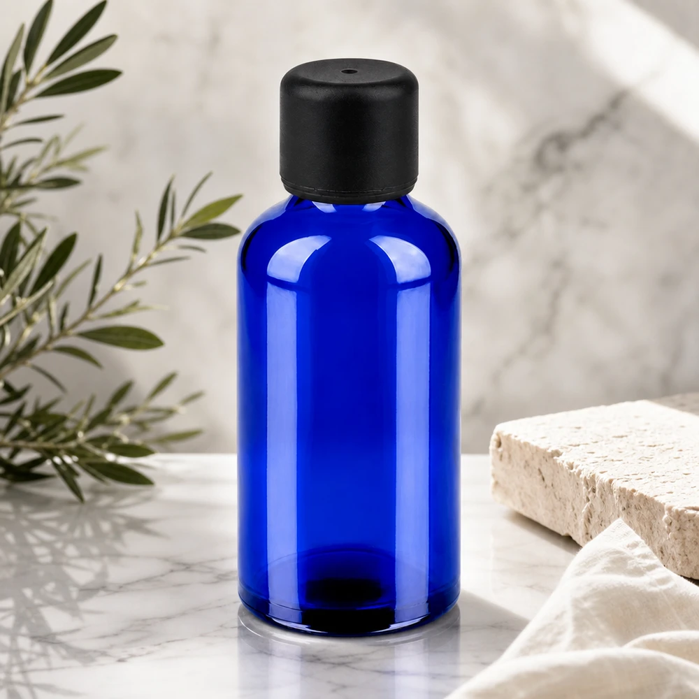 50 ml butelka 6 mm SV czarna STD BlueLine UT18/50 Wysokiej jakości niebieska szklana butelka 50 ml z matową czarną zakrętką do profesjonalnych produktów kosmetycznych