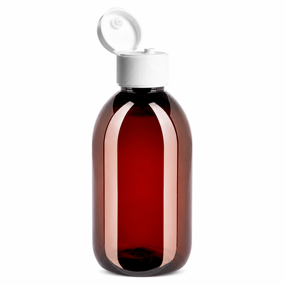 Butelka PET 250 ml z białą nakrętką typu flip-top. Butelka PET o pojemności 250 ml w kolorze bursztynowym z białym zamknięciem klapkowym, wykonana z tworzywa sztucznego nadającego się do recyklingu