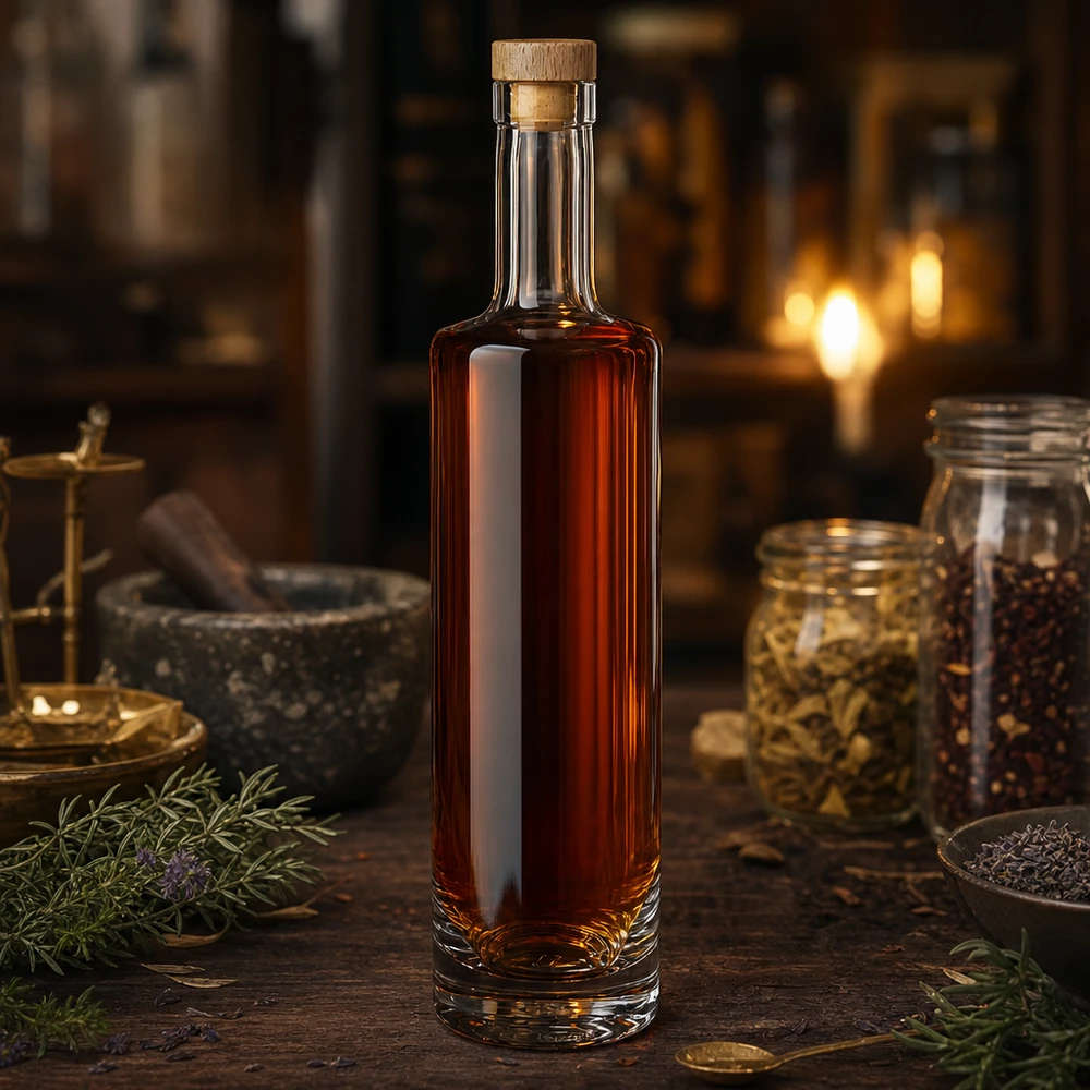 Butelka szklana 500 ml Lina z drewnianym korkiem UNiTWIST® 500ml Glasflasche Lina mit bernsteinfarbener Flüssigkeit und Holzkorken in rustikaler Küche mit Gewürzen und Kräutern