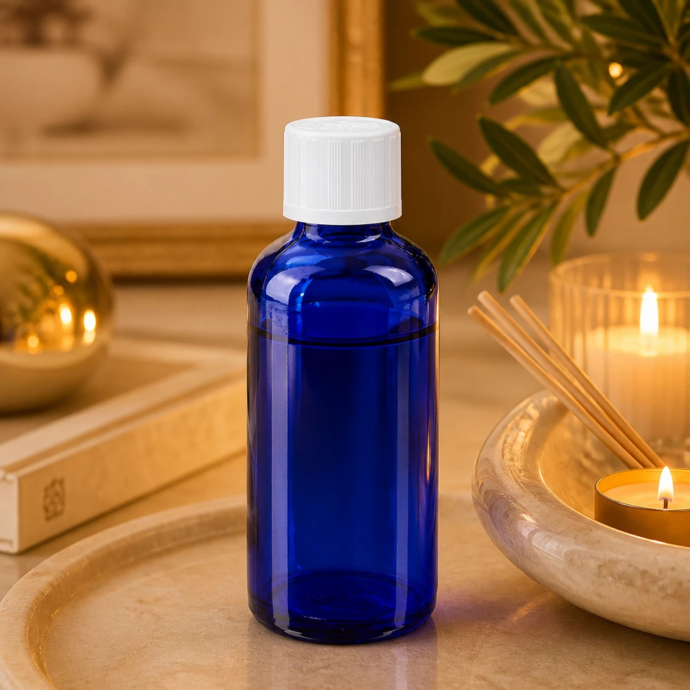 Niebieska szklana butelka o pojemności 50 ml z białą zakrętką i zabezpieczeniem przed dziećmi w stylu wellness