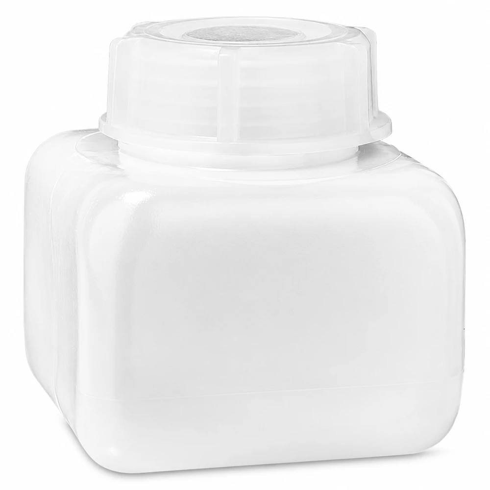 Butelka na chemikalia 250 ml, z szeroką szyjką, z PE-HD, w kolorze naturalnym Butelka na chemikalia o pojemności 250 ml, z szeroką szyjką, wykonana z PE-HD w kolorze naturalnym, o kwadratowym kształcie, z szerokim zakrętkiem