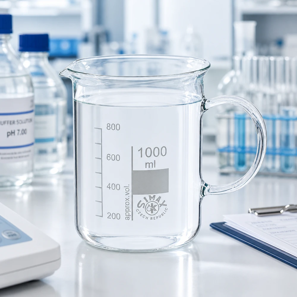 Zlewka 1000 ml ze szkła borokrzemowego, z uchwytem Cylindryczna zlewka laboratoryjna o pojemności 1000 ml z uchwytem na białym blacie laboratoryjnym obok roztworu buforowego