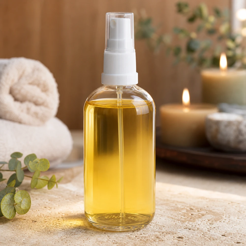 100 ml butelka ze spryskiwaczem biała/przezroczysta STD ClearLine UT18/100 Szklana butelka o pojemności 100 ml ClearLine UT18 z białym atomizerem, olejek wellness Spa Ambiente